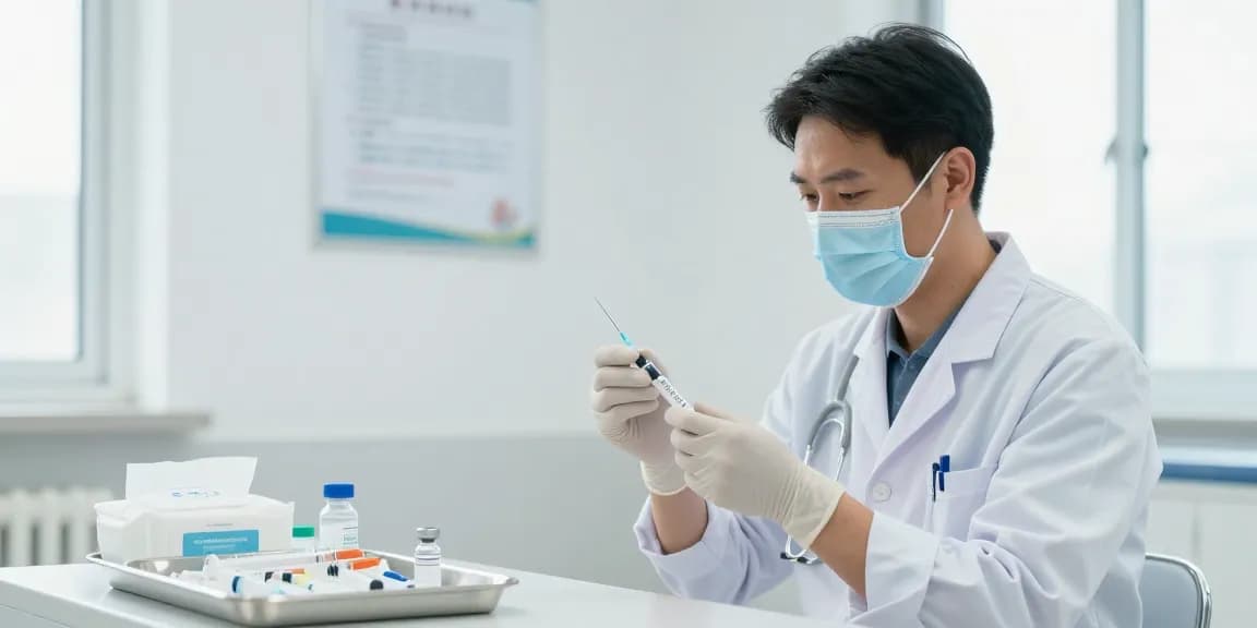 Healthcare professional prepares an injection needle in a sterile environment for vaccination.