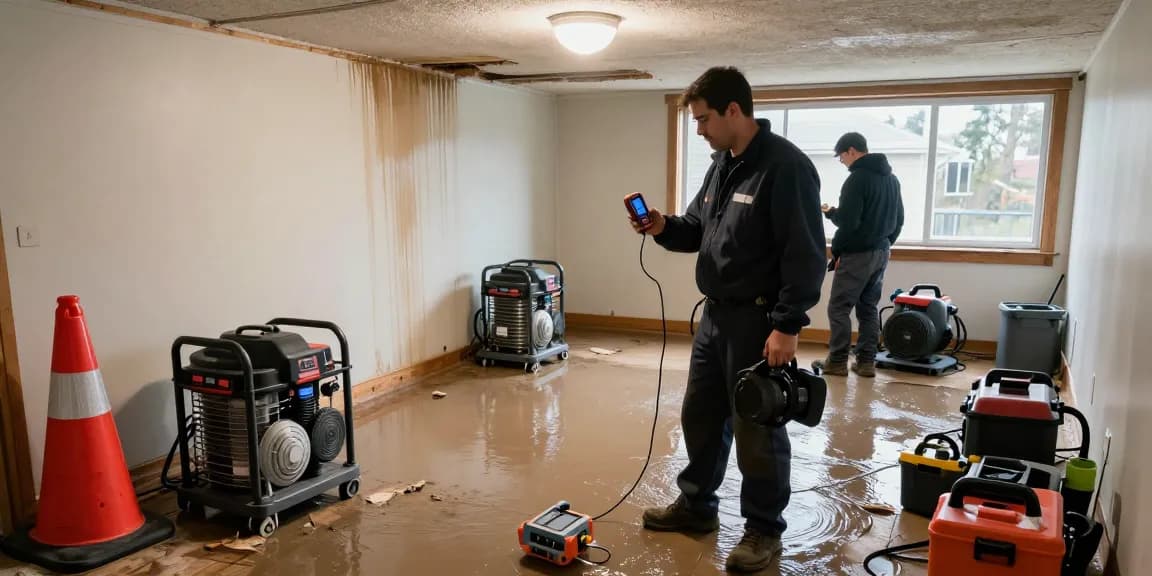 Water Damage Restoration North Vancouver technician assessing flood damage with advanced equipment in a flooded basement.