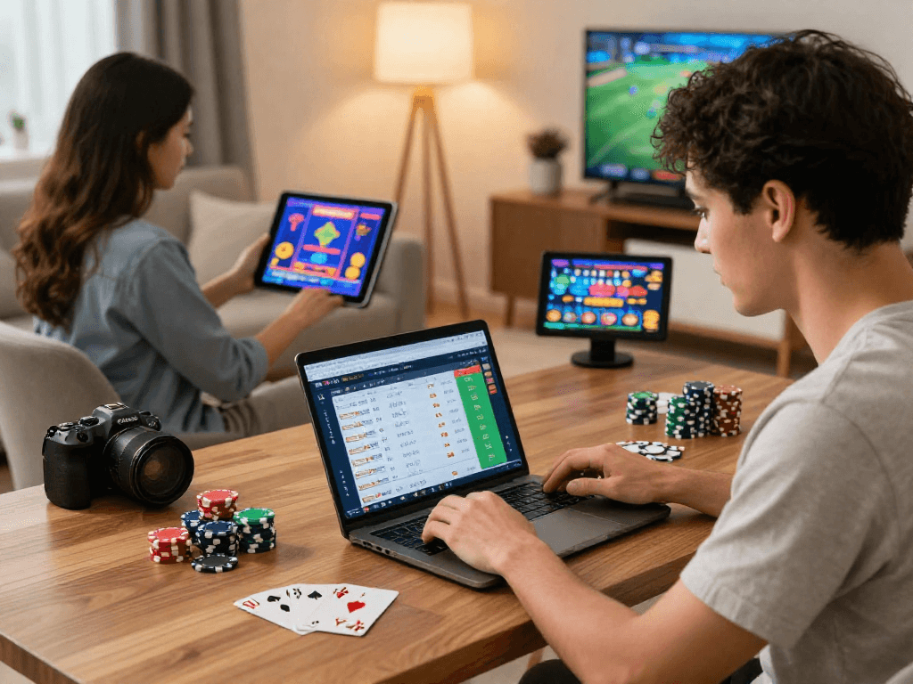 Engaged players gamble online in Canada, showcasing sports betting and casino games.