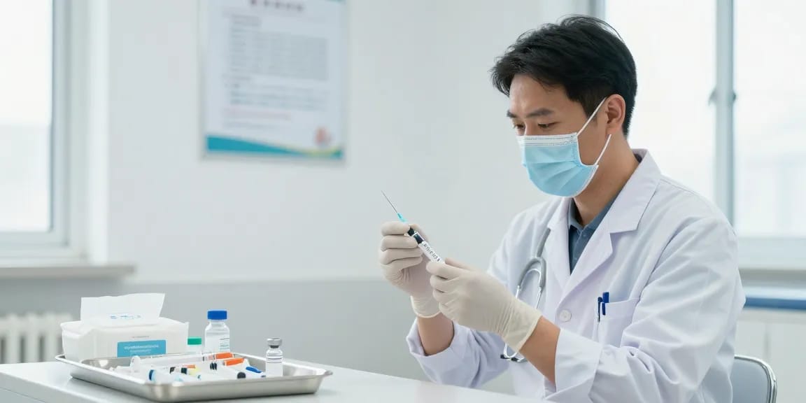 Healthcare professional prepares an injection needle in a sterile environment for vaccination.