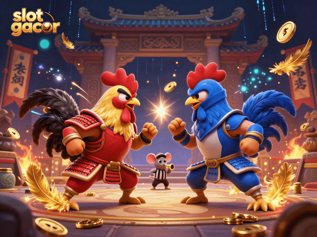 Engage in the excitement of slot gacor with dynamic fighting roosters amidst golden casino elements.