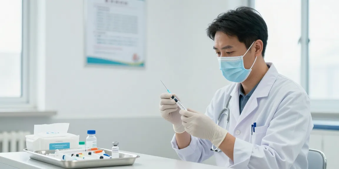 Healthcare professional prepares an injection needle in a sterile environment for vaccination.