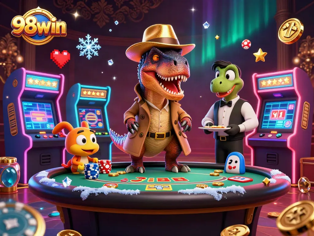 Experience thrilling gameplay at 98win with a 3D velociraptor counter and casino elements.