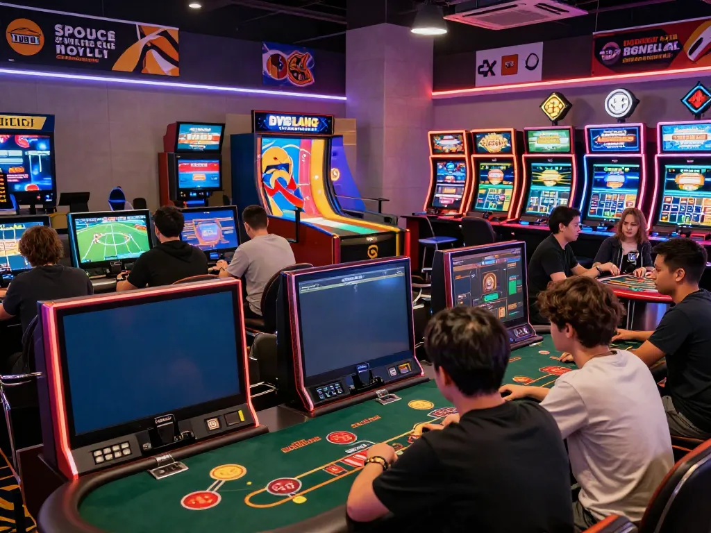 Vibrant gaming scene at https://nbet.group/ showcasing players engaged in interactive casino games with neon lighting.