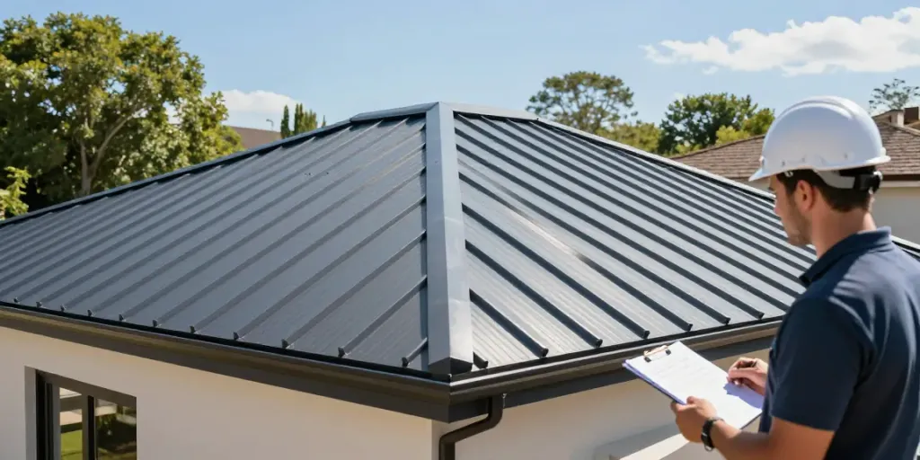 Standing Seam Ontario showcasing a modern home with a sleek metal roof, contractor assessing installation