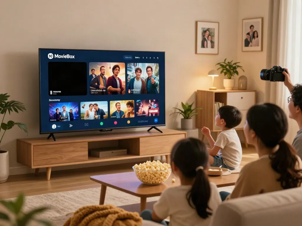 Family enjoying moviebox download on a smart TV in a cozy living room.