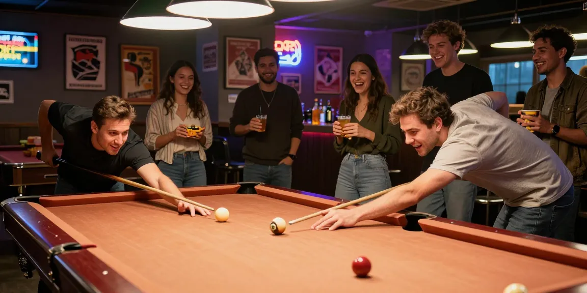 Billiard near me Mississauga scene with friends playing pool at a vibrant hall, creating an engaging atmosphere.