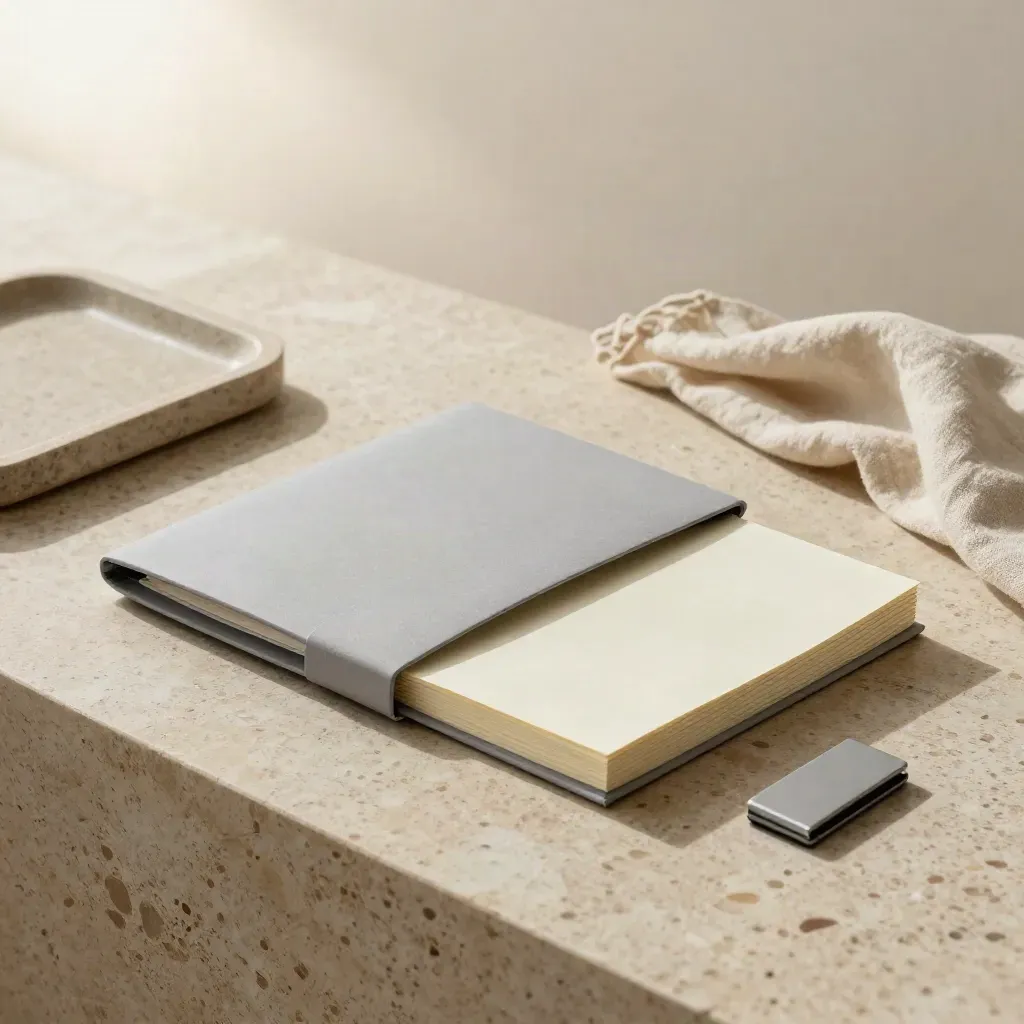 Launch plan bundle on travertine with linen and a stone tray in soft studio light.