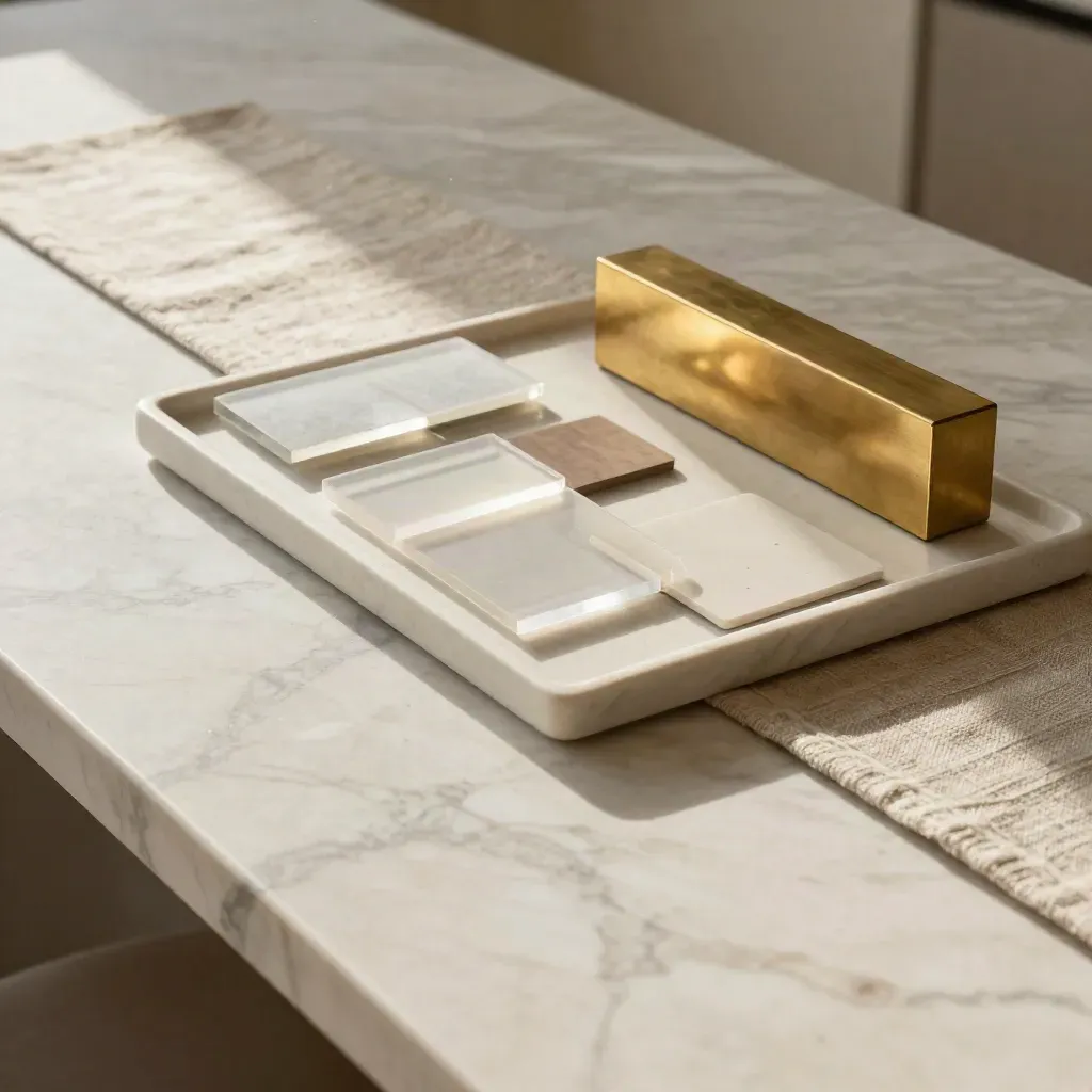 Marble strategy worktop with linen, trays, acrylic tiles, and warm brass light.