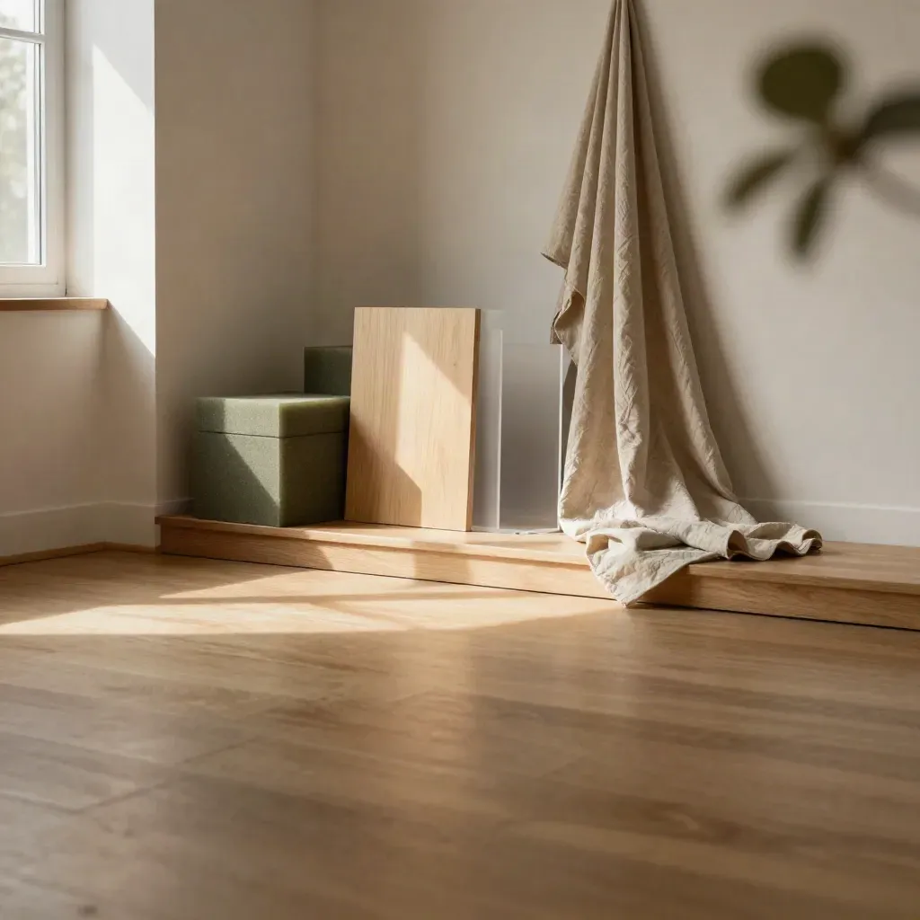 Warm oak studio corner with prototype forms, linen drape, and soft plant blur in late light