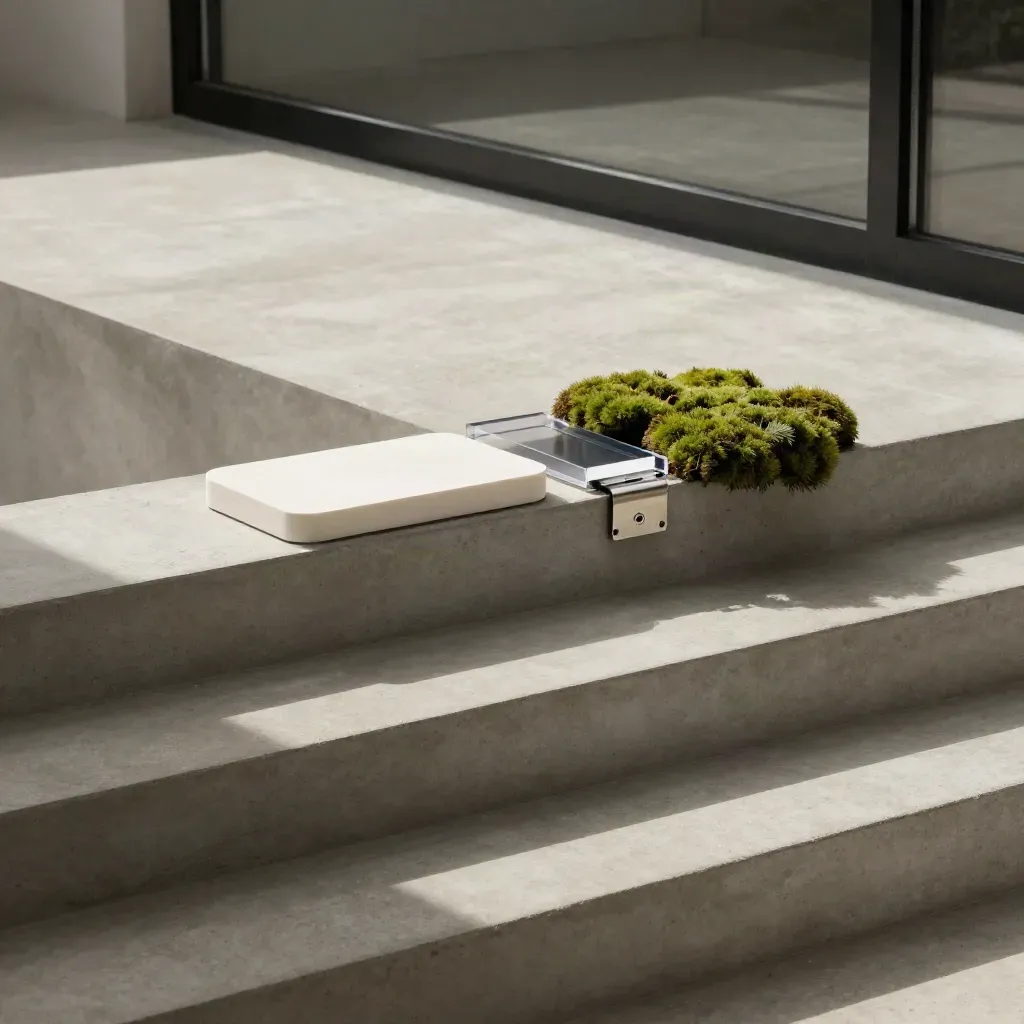 Concrete stair landing with UX prototype mockups, a glazed opening, and a long shadow line.