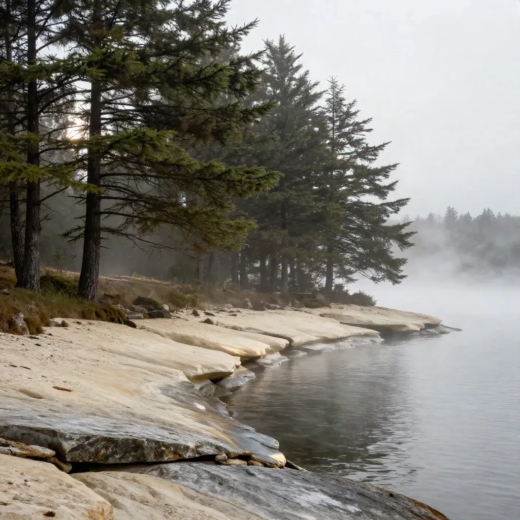 Misty cedar shoreline with still water and a smooth stone bank under soft morning haze.