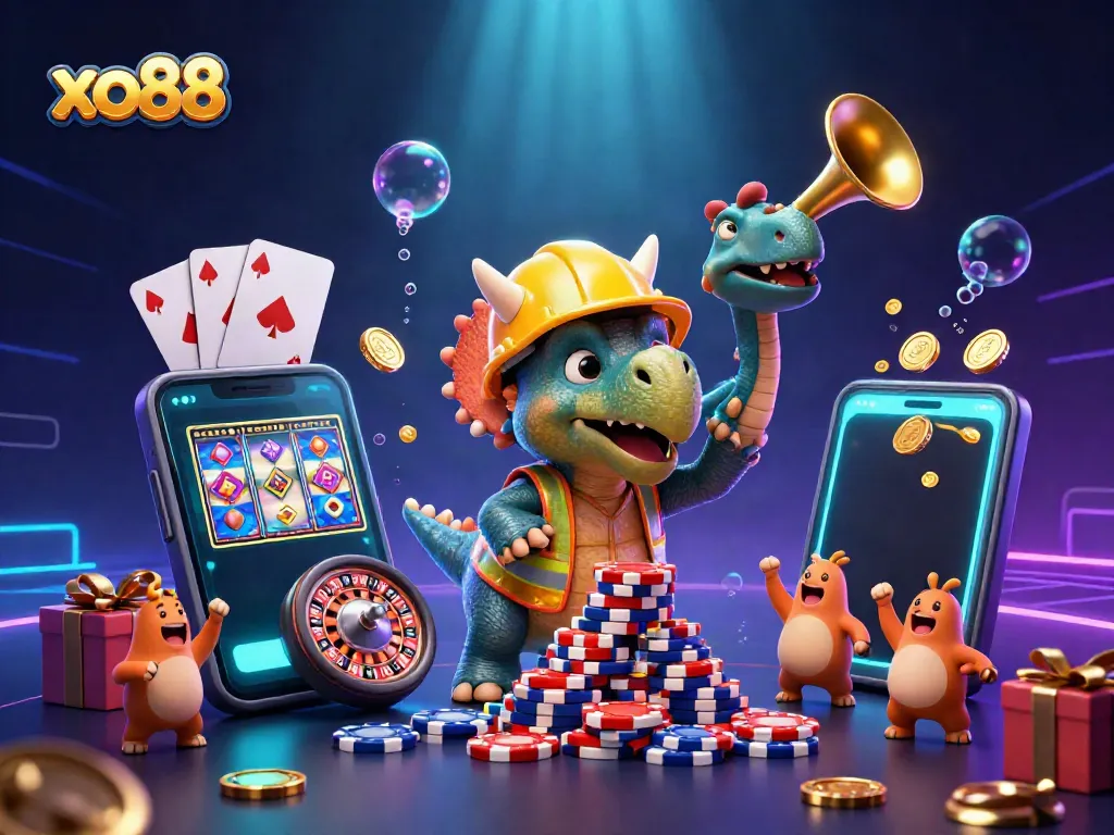 Experience gaming excitement with xo88 as a triceratops builds poker chips, celebrating with friends amidst vibrant casino elements.