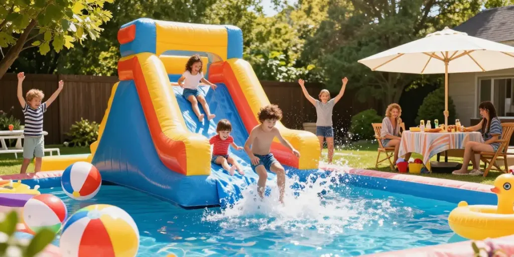 Kids enjoying a slide water slide splashing into a pool, showcasing summer fun.