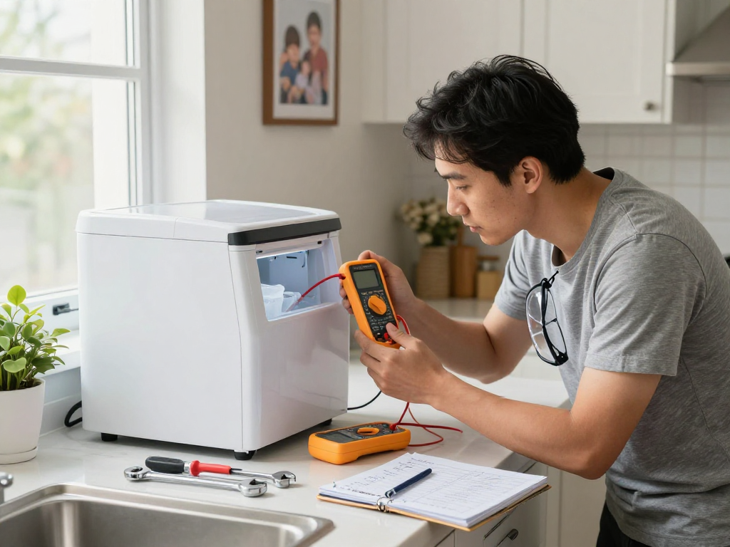 Technician performing ice maker repair with tools in cozy kitchen, focused on troubleshooting.