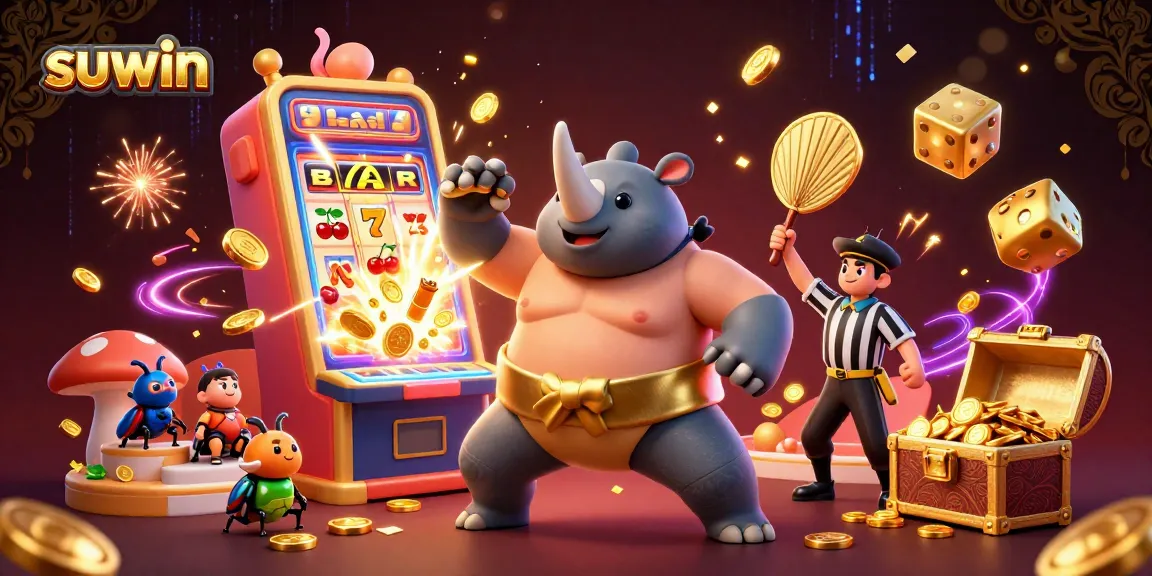 Experience the thrill of suwin as a sumo beetle champion stomps coins in a vibrant casino scene.